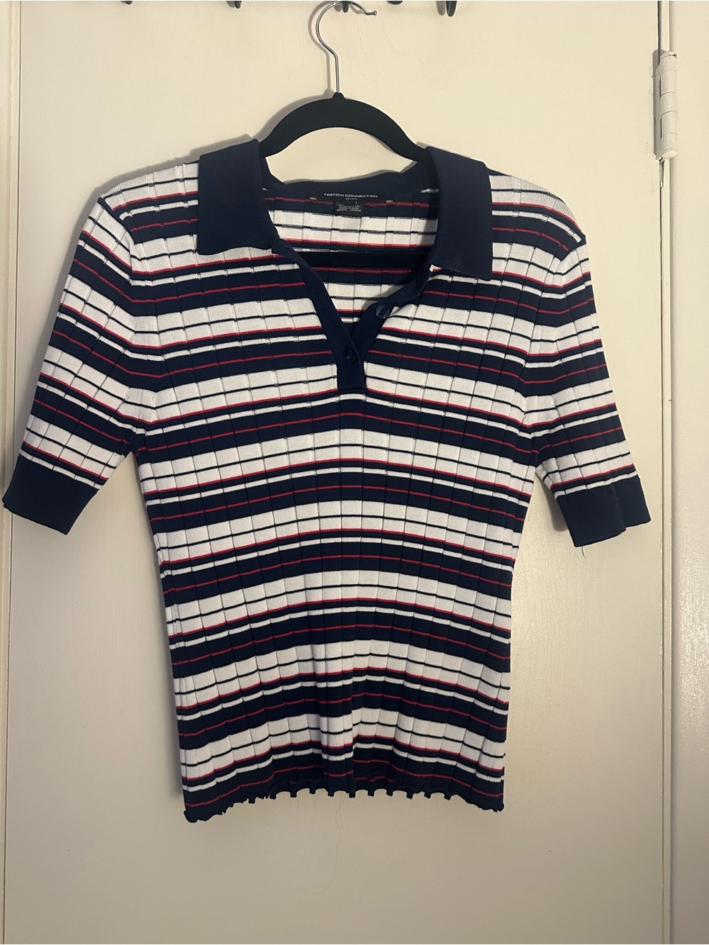 French Connection Navy White Red Striped Ribbed Polo Top. Cute for Fall!